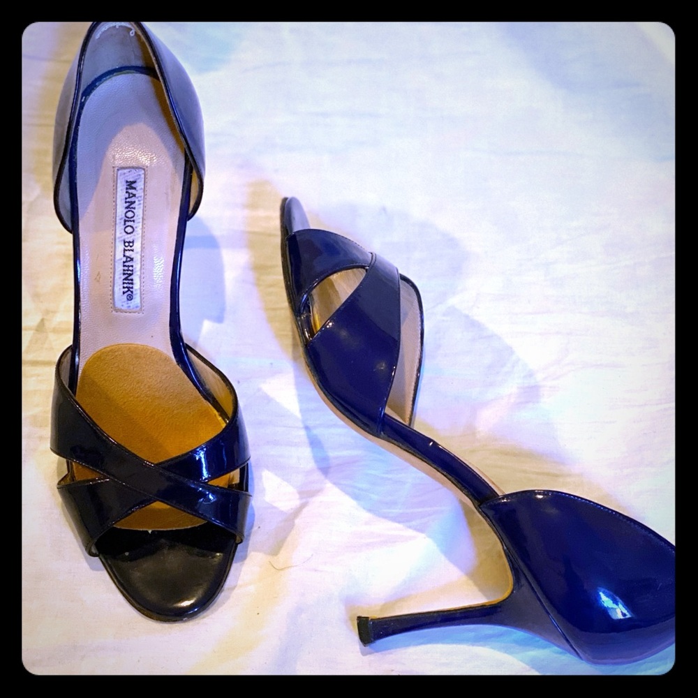 Manolo Blahnik Navy Patent Leather Sandals